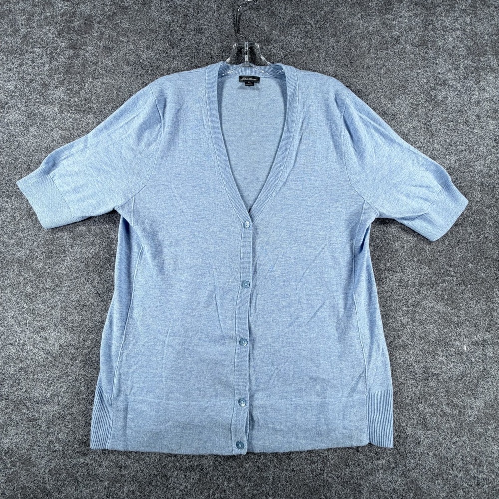 Eddie Bauer Button-Up Short Sleeve Sweater Womens XL Light Blue Knit Deep V-Neck